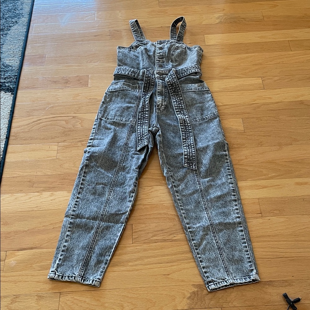 Gray Denim Jumpsuit with Belted Waist